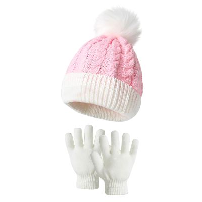 HGps8w 2 Pcs Kids Knitted Hat Gloves Set, Winter Warm Boys Girls Cable Knit Cute Pompom Beanie Thermal Sets