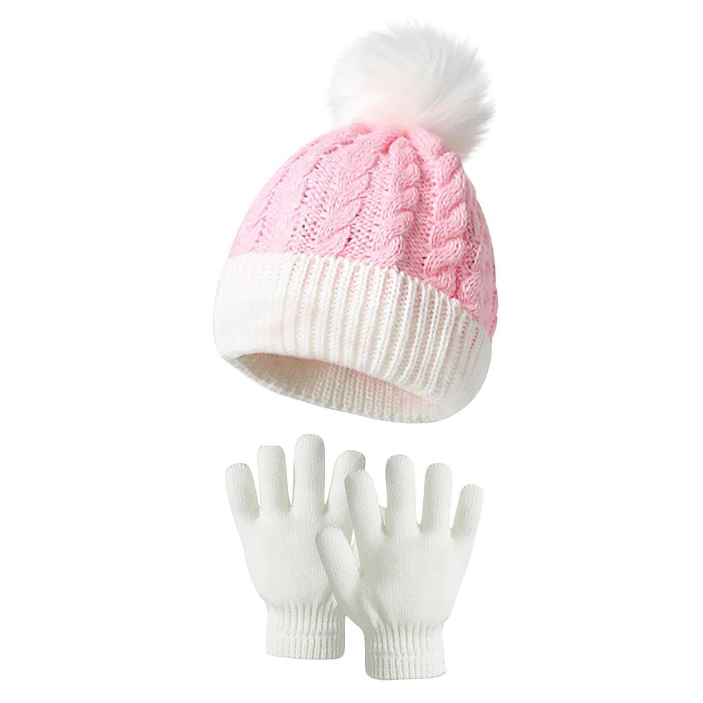 HGps8w 2 Pcs Kids Knitted Hat Gloves Set, Winter Warm Boys Girls Cable Knit Cute Pompom Beanie Thermal Sets
