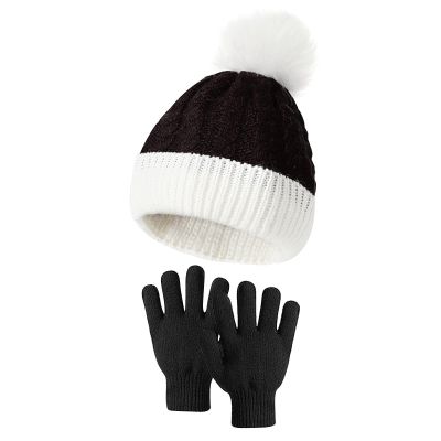 HGps8w 2 Pcs Kids Knitted Hat Gloves Set, Winter Warm Boys Girls Cable Knit Cute Pompom Beanie Thermal Sets