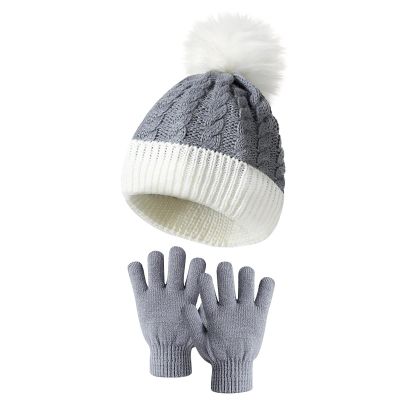 HGps8w 2 Pcs Kids Knitted Hat Gloves Set, Winter Warm Boys Girls Cable Knit Cute Pompom Beanie Thermal Sets