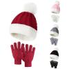 HGps8w 2 Pcs Kids Knitted Hat Gloves Set, Winter Warm Boys Girls Cable Knit Cute Pompom Beanie Thermal Sets view 2