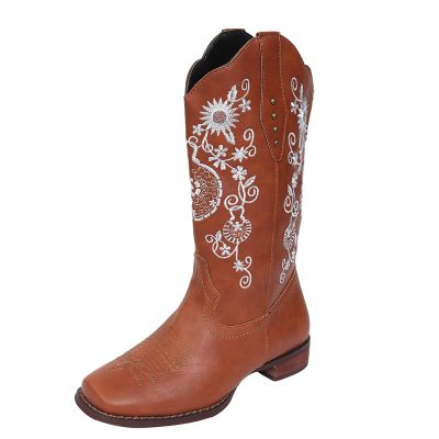 Ladmiple Cowgirl Boots Wide Calf Brown Women's Embroidered Western Cowboy Boots Knee High Stitching Almond Medium Heel Chunky Heel Pointed Toe Fashion Retro Classic Boot Pull-On