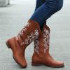 Ladmiple Cowgirl Boots Wide Calf Brown Women's Embroidered Western Cowboy Boots Knee High Stitching Almond Medium Heel Chunky Heel Pointed Toe Fashion Retro Classic Boot Pull-On view 4