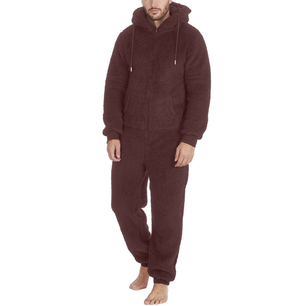 ZYXTIM Mens Oversized Onesies Winter Fleece Hooded Jumpsuits Tracksuit Full Zip Thermal Lined Pajamas Playsuit Overall Romper Brown