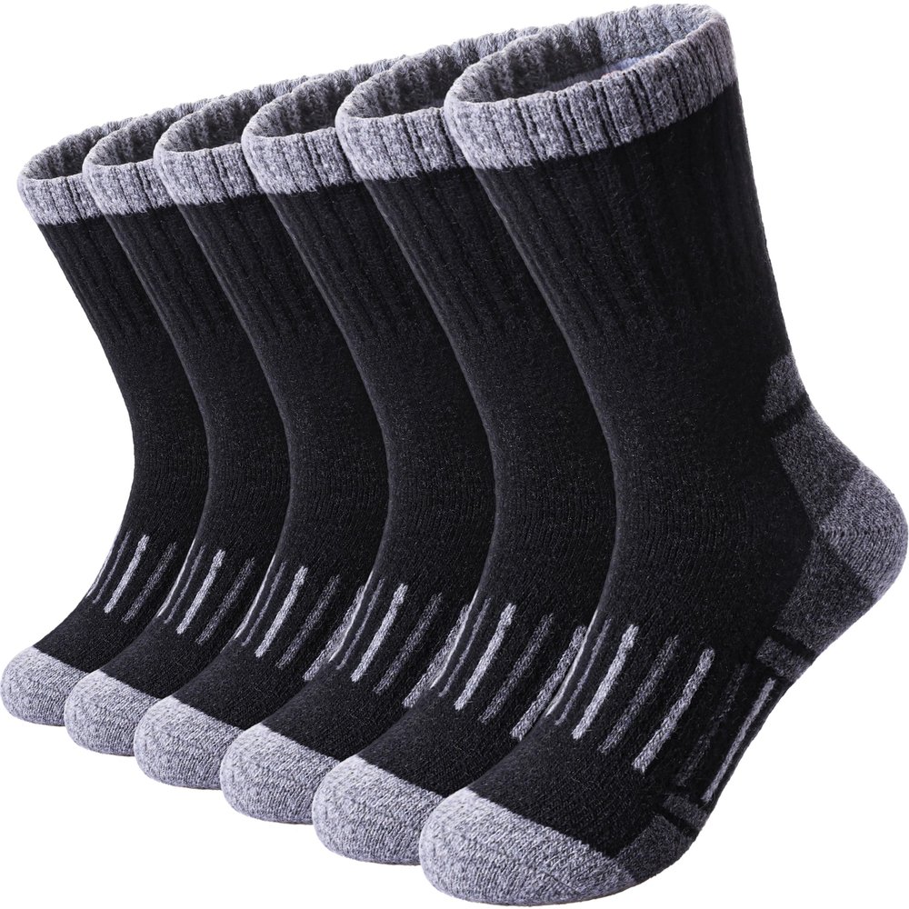 LINEMIN Kids Merino Wool Hiking Socks Toddlers Boys Girls Winter Warm Thick Thermal Boot Cushion Crew Socks 6 Pairs (4-7 Years, Black Wool Hiking Socks)