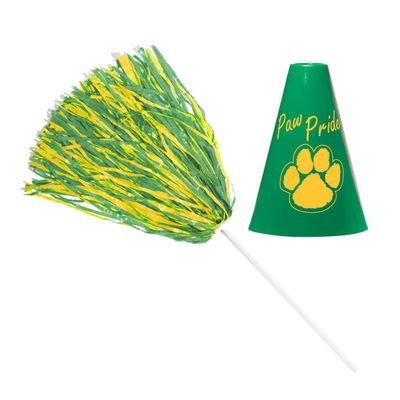 Anderson's Exclusive Green and Gold Paw Pride Shaker Pom Poms Megaphone Noisemaker Set School Spirit Cheerleader Sports Fan Football Homecoming Squad Team Party Dance Club Pack of 96