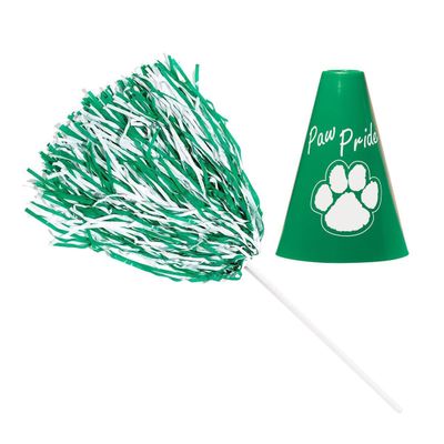 Anderson's Exclusive Green and White Paw Pride Shaker Pom Poms Megaphone Noisemaker Set School Spirit Cheerleader Sports Fan Football Homecoming Squad Team Party Dance Club Pack of 48