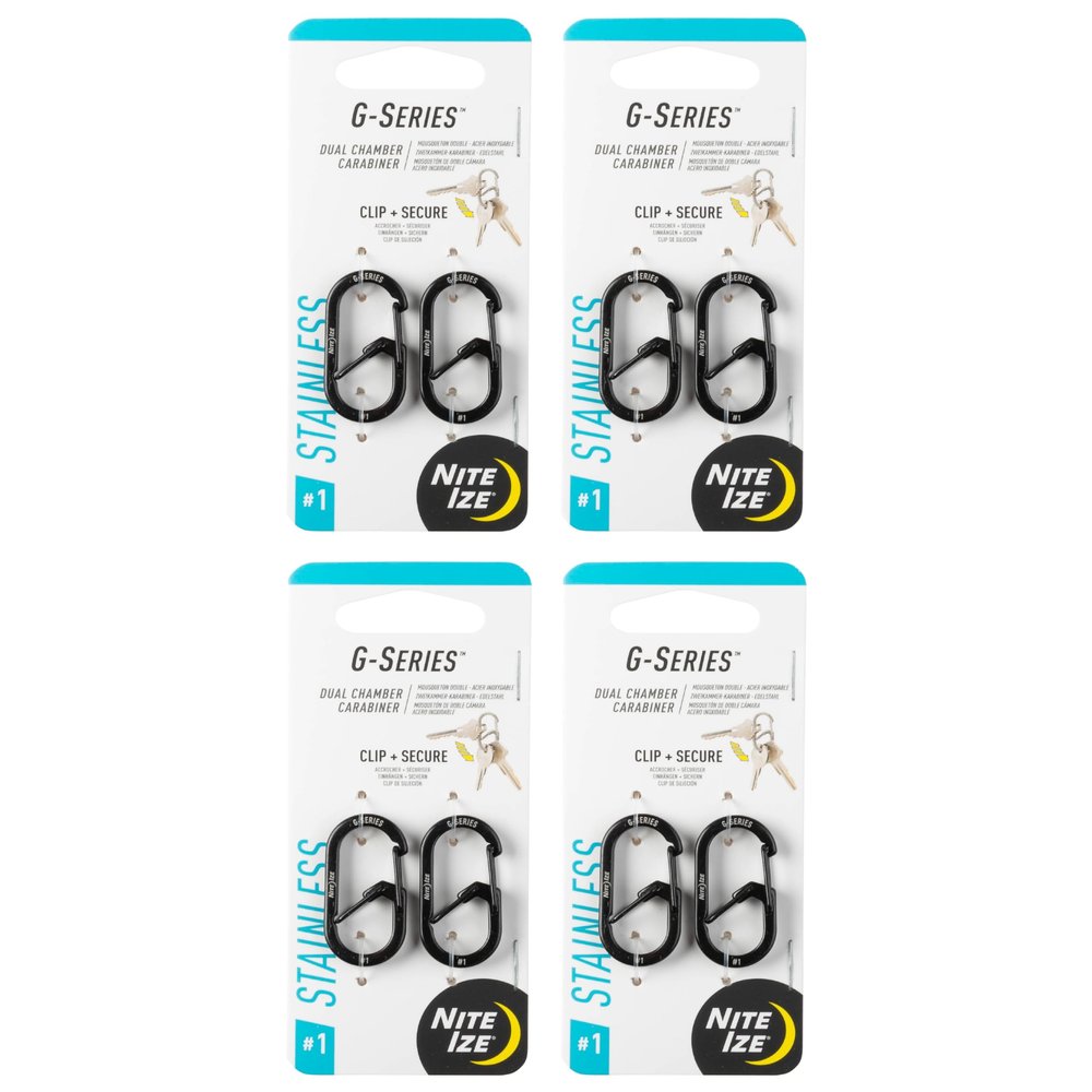 Nite Ize G-Series Dual Chamber Carabiner - Carabiner Clip for Car Keys, Keychains & More - Dual Chamber Key Organizer - Key Holder Accessories - Size 1, Black, (4 Pack)