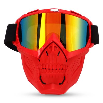 Alomejor Motorcycle Skull Goggle Face Cover Off Road Cycling Windproof Helmet Goggles Glasses with Face Cover(Red Frame Red Lens)