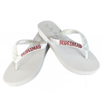 Bridesmaid Flip Flops in White with Rose Gold Pink Glitter Wedding Title on the Straps, Customize Yours, Flat or Wedge Heel, Black Silver Gold Purple