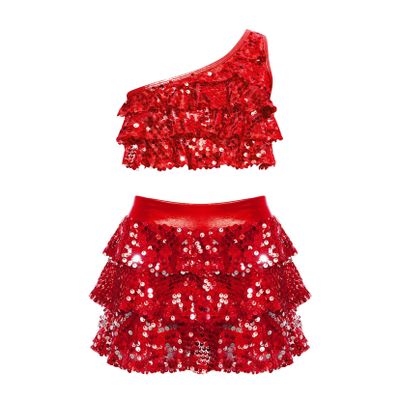 TSSOE Girls Glitter Sequins Layered Crop Top with Mini Skirt Latin Jazz Salsa Samba Dance Costume B03 16 Years