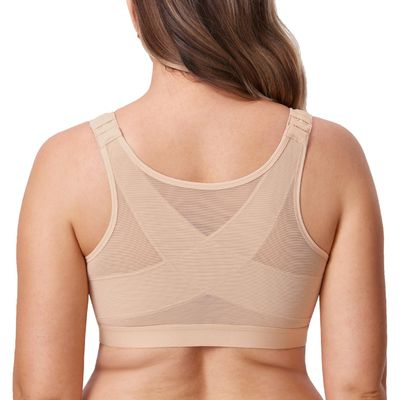 DELIMIRA Women's Front Closure Posture Wireless Back Support Full Coverage Bra Beige 34G