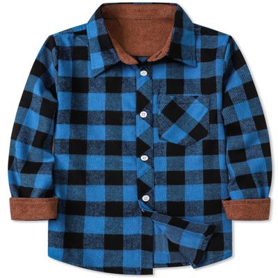 Betusline Boy Button Down Plaid Shirt with Corduroy Collar, C# Black+Blue, 2-3 Years = Tag 100