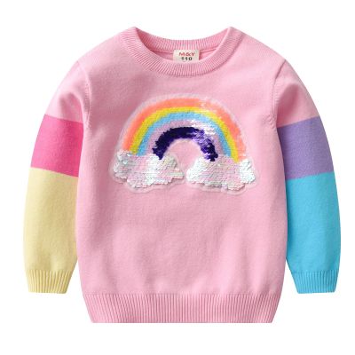 Julerwoo Girls Pink Knitted Sweater Color Rainbow Embroidery Sweater Patchwork Rainbow Sleeve Tops (Rainbow Pink 4T)