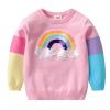 Julerwoo Girls Pink Knitted Sweater Color Rainbow Embroidery Sweater Patchwork Rainbow Sleeve Tops (Rainbow Pink 4T) view 1