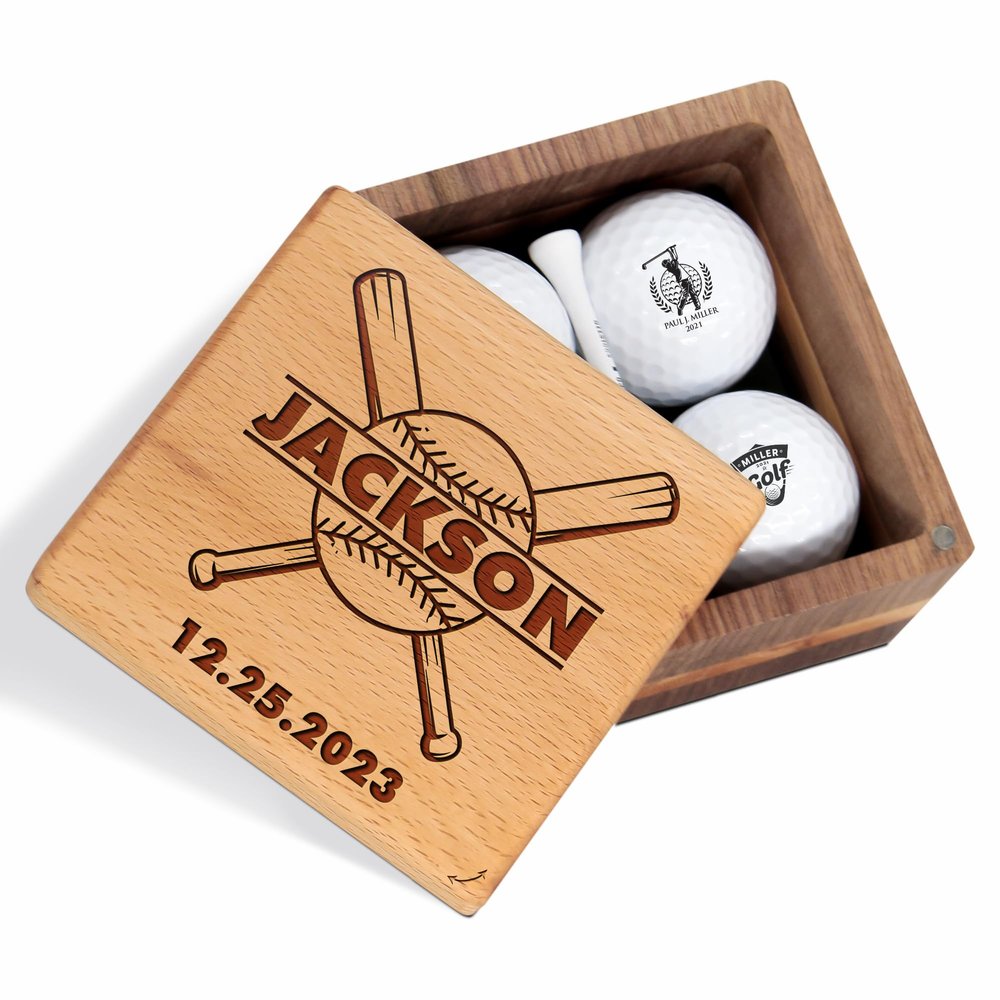 Personalized Golf Gift for Baseball Fan Player - Custom Golf Set with Nice Balls and Luxury Wooden Box - Unique Gift Idea for Team Coach Family on Anniversary, Birthday, Christmas, Baseball Season