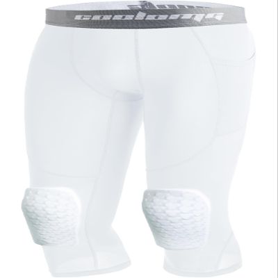 COOLOMG Men Basketball Leggings with Knee Pads Capri Padded Compression Pants White XL