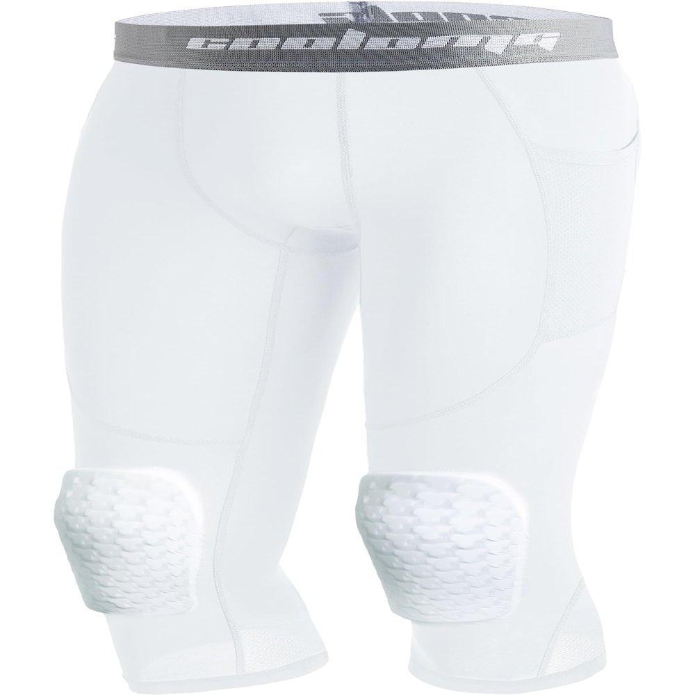 COOLOMG Men Basketball Leggings with Knee Pads Capri Padded Compression Pants White XL