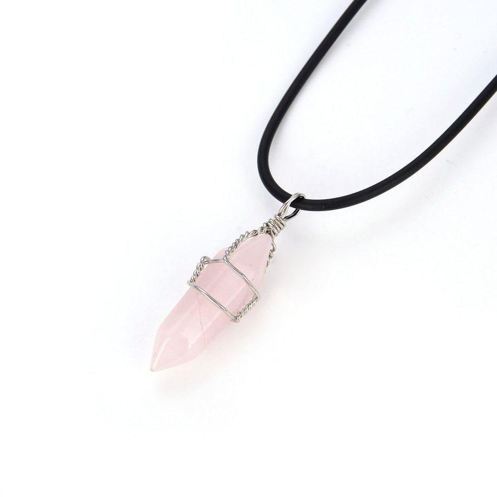Adabele 1pc Real Natural Pink Rose Quartz Gemstone Drop Pendant Necklace Healing Reiki Chakras Energy Rock 18 Inch Women Men Leather Cord Jewelry GGP-H6