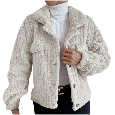 Women Faux Fur Coat Button Down Shirts Cropped Sherpa Jacket Notch Lapel Warm Thicken Open Front Outerwear Short Coats