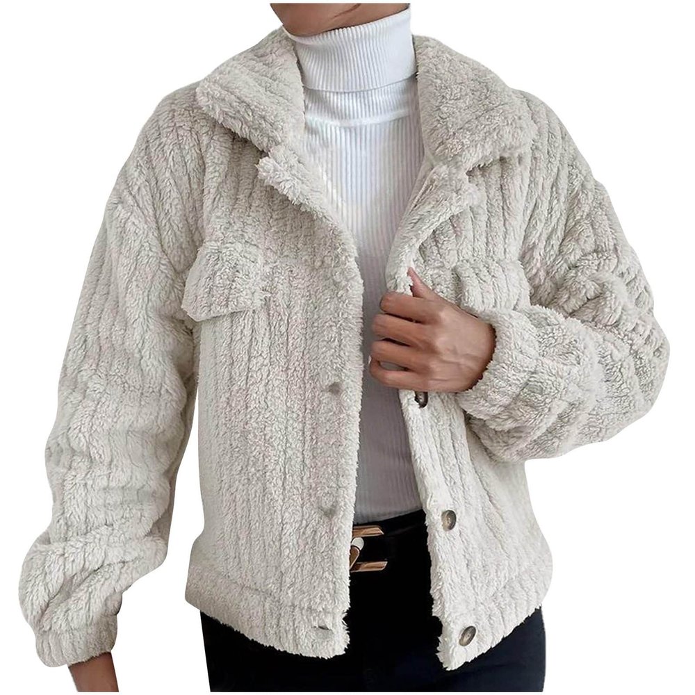 Women Faux Fur Coat Button Down Shirts Cropped Sherpa Jacket Notch Lapel Warm Thicken Open Front Outerwear Short Coats