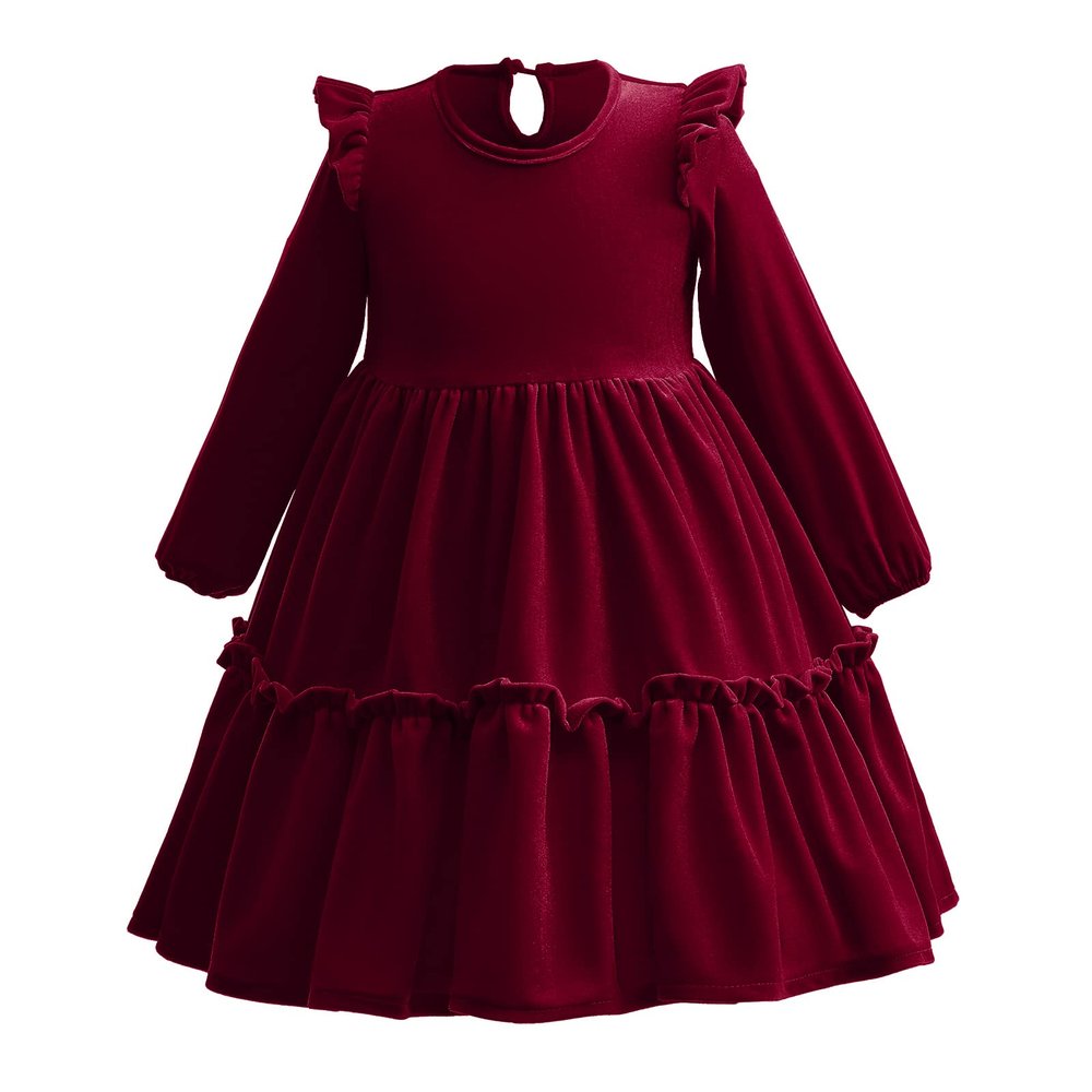 Burgundy Velvet Dress Toddler Long Sleeve Flower Girl Dress Girls Midi Dress Kids Christmas Dresses for Girls Kids Girls Fall Winter Vintage Crew Neck Birthday Party Dress Wine Red b 8-9 Years