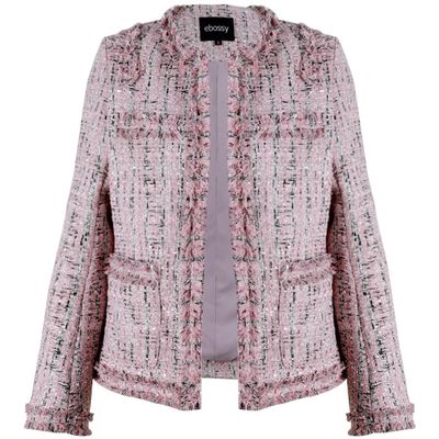 ebossy Women's Elegant Open Front Round Neck Fringed Plaid Tweed Jacket (X-Small, Pink)