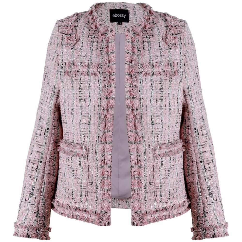 ebossy Women's Elegant Open Front Round Neck Fringed Plaid Tweed Jacket (X-Small, Pink)