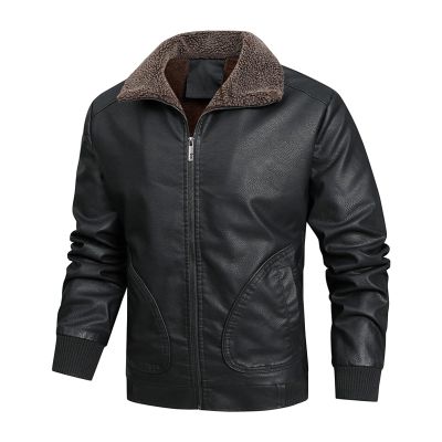 SWJGLITTR Men's Fur Collar Leather Jacket Casual Warm Winter Faux Leather Coat Men Sherpa Lined Winter PU Outwear (XX-Large,Black)