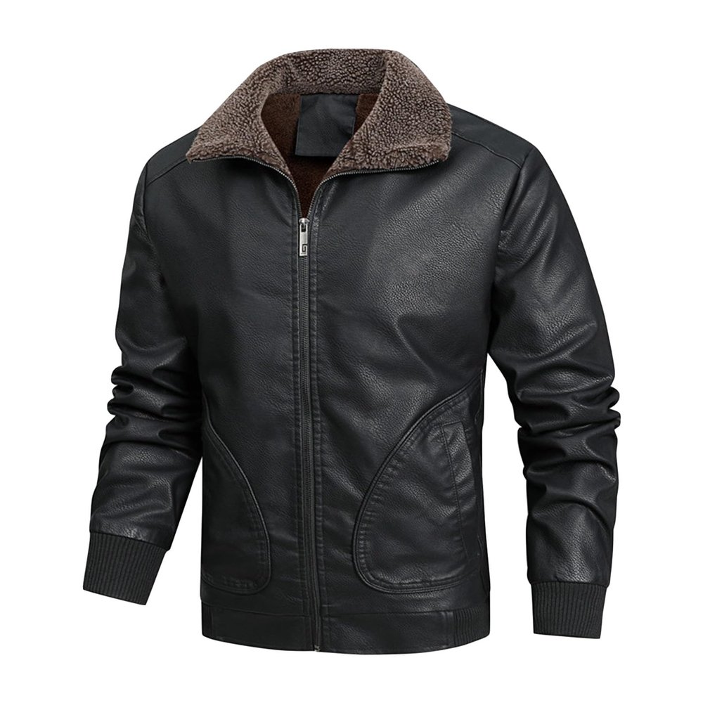 SWJGLITTR Men's Fur Collar Leather Jacket Casual Warm Winter Faux Leather Coat Men Sherpa Lined Winter PU Outwear (XX-Large,Black)