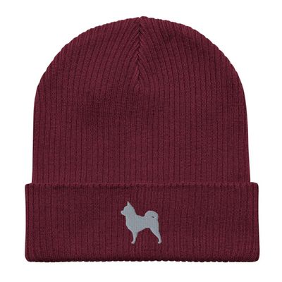 Pomchi Beanie, Embroidered Unisex 100% Organic Cotton Ribbed Beanie, Pomchi Gifts. Burgundy