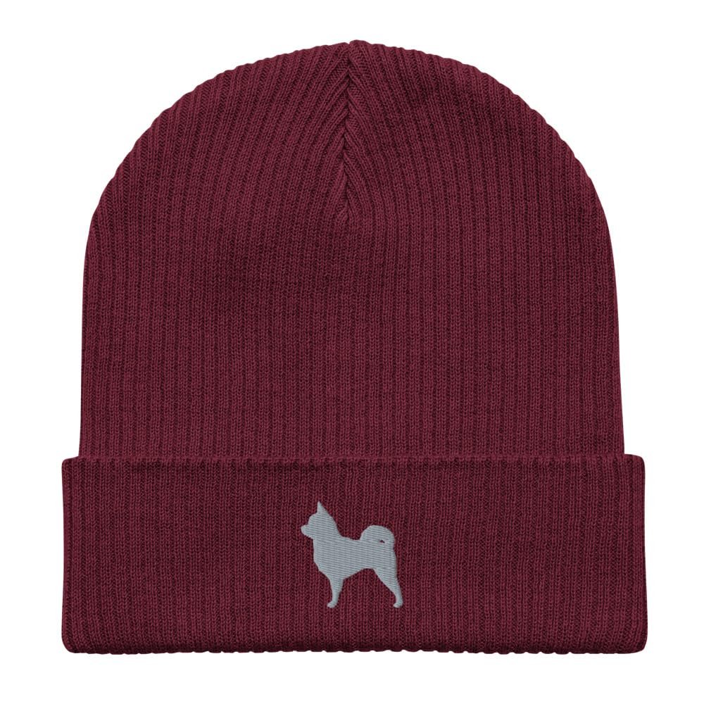 Pomchi Beanie, Embroidered Unisex 100% Organic Cotton Ribbed Beanie, Pomchi Gifts. Burgundy