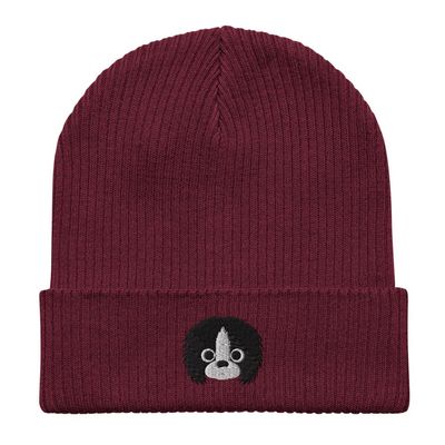 Japanese Chin Beanie, Embroidered Unisex 100% Organic Cotton Ribbed Beanie, Japanese Chin Gifts, Design 2. Burgundy