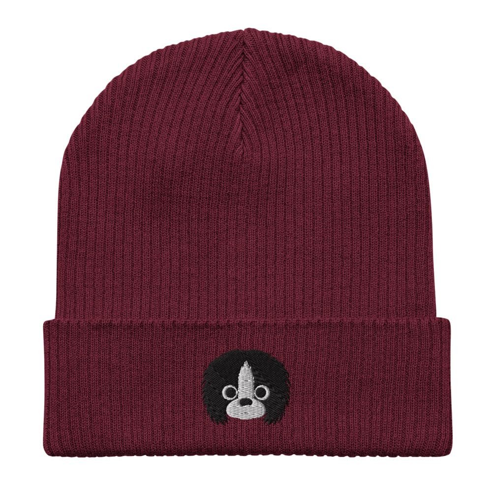 Japanese Chin Beanie, Embroidered Unisex 100% Organic Cotton Ribbed Beanie, Japanese Chin Gifts, Design 2. Burgundy