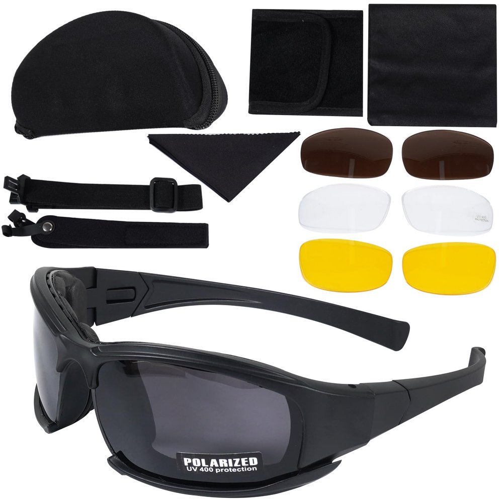 Karlass 1PC X7 Army Sunglasses Military Tactical Goggles Polarized Lens Glasses Unisex Black with 4 Lens kit For Training