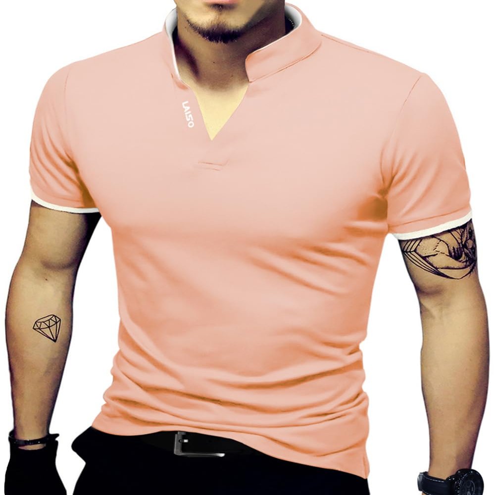 LOGEEYAR Mens Fashion Polo Henley Shirts Short/Long Sleeve Casual T-Shirts Slim Fit Cotton Polo Shirts for Men Light Pink
