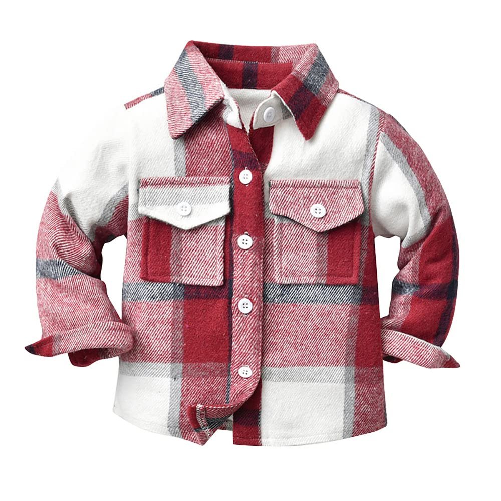 AFAVOM Toddler Boys Flannel Plaid Shirt Long Sleeve Button Down Shirt Winter Fall Clothes Little Kids Outerwear Checked Outfit Lapel Coats Gingham Shacket Cardigan Top Vintage Jacket Red 5-6 Years