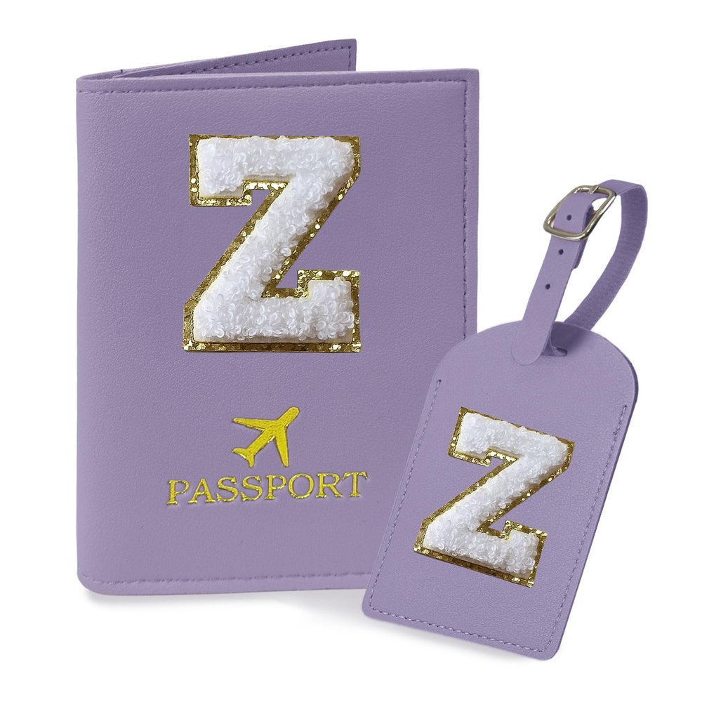 COSHAYSOO Purple Passport Cover and Initial Luggage Tag Set TSA Approved with Preppy Chenille Letter Patch for Women Girl Teens, 2023 Trendy Travel Bag Backpack Suitcase Identifier Essential Gifts (Z)