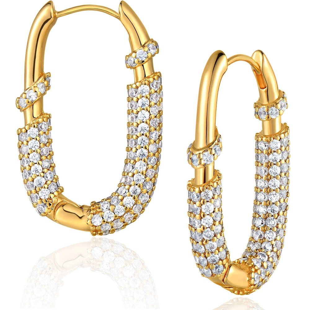14K Gold Hoop Earrings for Women, Hypoallergenic Lightweight Hoops with Round Cubic Zirconia, U Shaped Earrings, Gold Earrings for Women Trendy Jewelry Gift
