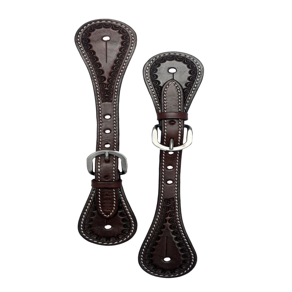 BLACK HOOF Border Tooled Leather Spur Straps for Horse Riders | Western Men, Women, Adjustable Single Ply Spur Straps | Equestrian Accessories (Dark Brown)