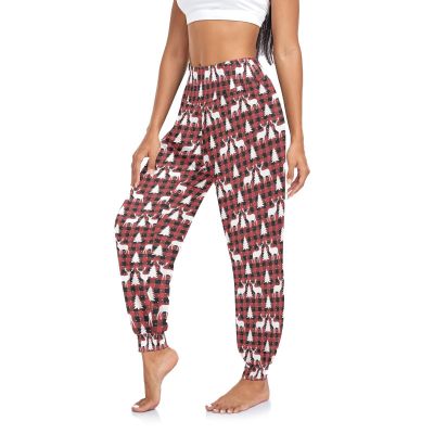 Elk Deer Silhouette Buffalo Plaid Christmas Womens Casual Cozy Yoga Joggers Pants High Waisted Lounge Pants, XL