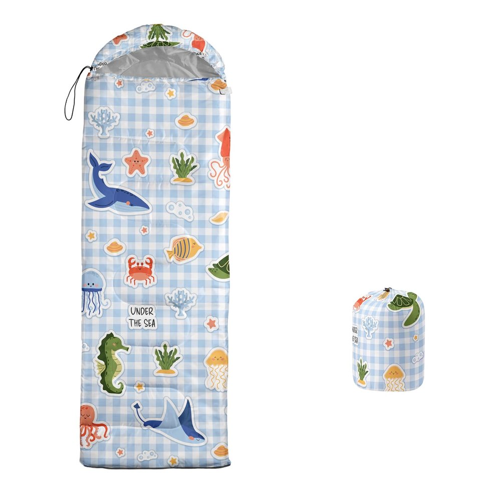 Sleeping Bags for Adults Kids,Backpacking Camping Sleeping Bag for Girls Boys Lightweight Waterproof Cold/Warm Weather Sleeping Bag for All Season (Marine Organisms, Single -31.5x90.5)