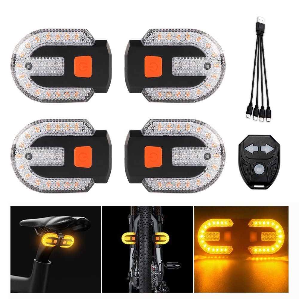 UPXSXT 4Pcs Turn Signals for Bicycles with Alarm, USB Charging Remote Control Split/Integrated Bike Tail Light 5 Modes Waterproof Strobe Bike Rear Lights Can be Mounted on Front and Rear of Bicycle