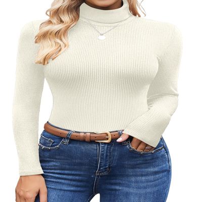 Ekouaer Women's Turtleneck Shirts Ribbed Pullover Sweater Long Sleeves Tops Midweight Thermal Underwear Blouse Beige S