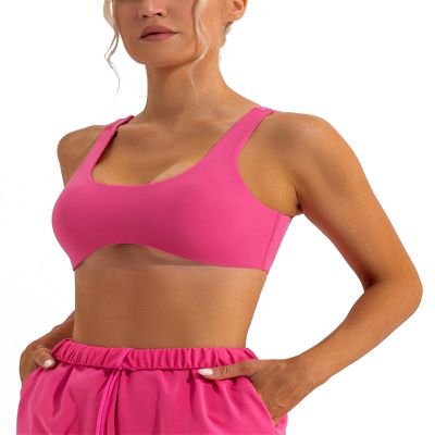 Sexy Scoop Neck Curved Sports Bra Seamless Low Cut Low Impact Padded Workout Bra Classic Designer Yoga Bra Quick Dry Gym Fitness Bra Pink