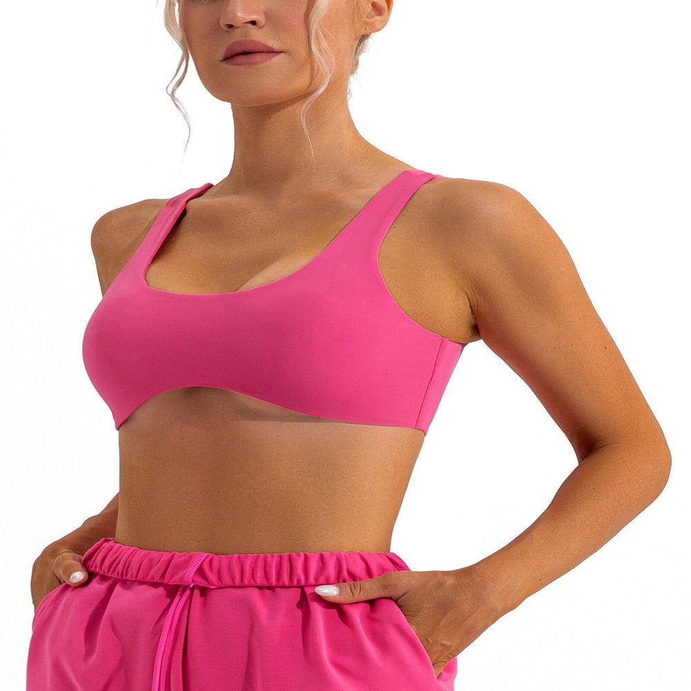 Sexy Scoop Neck Curved Sports Bra Seamless Low Cut Low Impact Padded Workout Bra Classic Designer Yoga Bra Quick Dry Gym Fitness Bra Pink