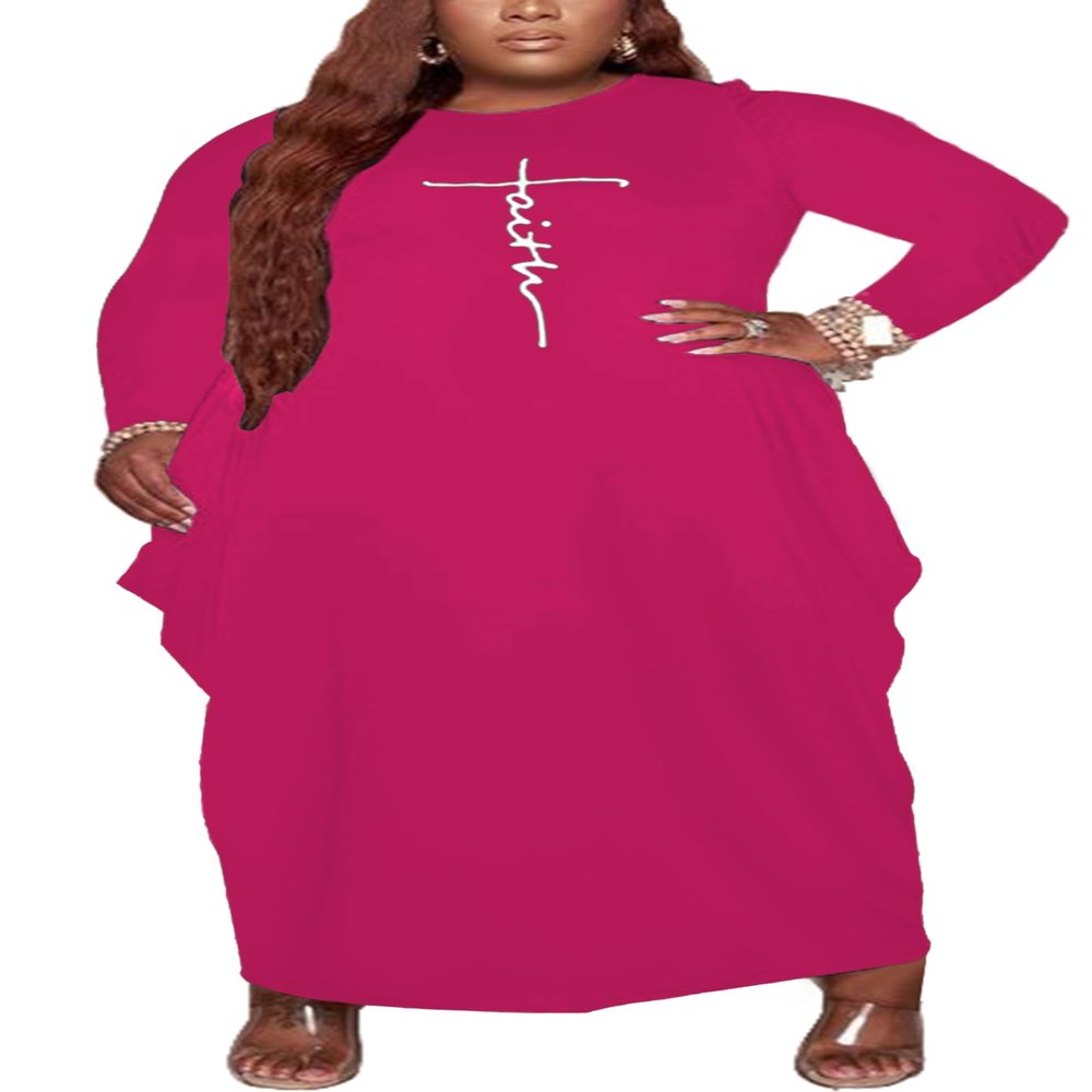 AIIYYQB Womens Fall Plus Size Long Sleeve Maxi Dress Casual Loose Faith Print T-Shirt Baggy Tunic Dress with Pockets