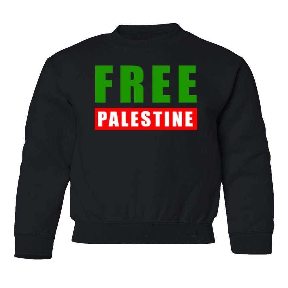 superhotapparel Free Palestine Natinal Flag Colors Israel War Youth Crewneck Sweatshirt (Black, Youth Medium)