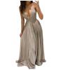 Women Deep V-Neck Sleeveless Plus Size Wedding Guest Dress Sexy Spaghetti Strap Sequin Dress Cocktail Evening Ball Gown Beige view 1