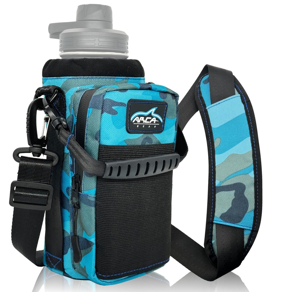 Arca Gear 32 oz Hydro Carrier - Insulated Water Bottle Sling w/Carry Handle, Shoulder Strap, Wallet and Two Pouches - The Perfect Flask Accessory (Aqua Camo)